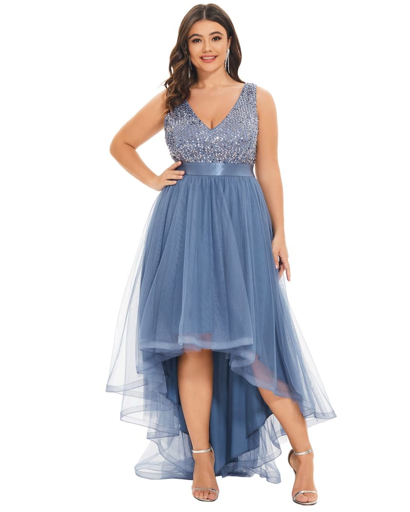 Front of a model wearing a size 16 Sleeveless Sequin Ribbon Waist Tulle High Low Evening Dress in Dusty Navy by Ever-Pretty. | dia_product_style_image_id:324527